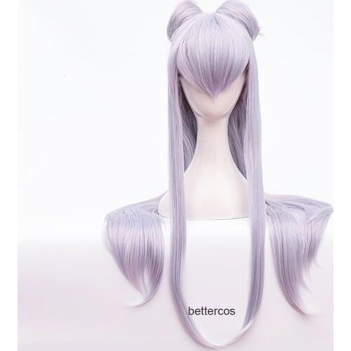 Game KDA Baddest Evelynn Cosplay Wigs LOL KDA Cosplay Long Purple Wigs with Buns Heat Resistant Synthetic Hair + Wig Cap