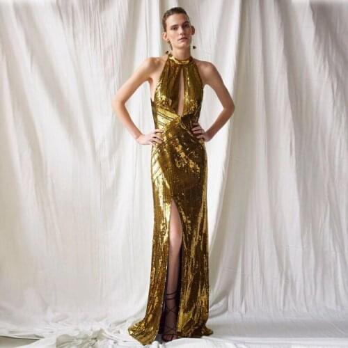 Latest Fashion Hot Selling Celebrity Women Sequin Dress High Split Sexy Halter Sleeveless Long Dress Gold Cocktail Gown Vestidos