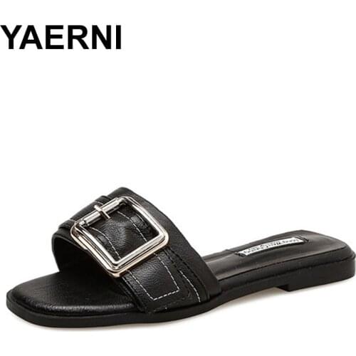 YAERNI Leather Belt Buckle Slippers Women Flat Heels Home&Outdoor Slides Open Toe Shoes Female OverSize Flip Flops 2021 Pantufa