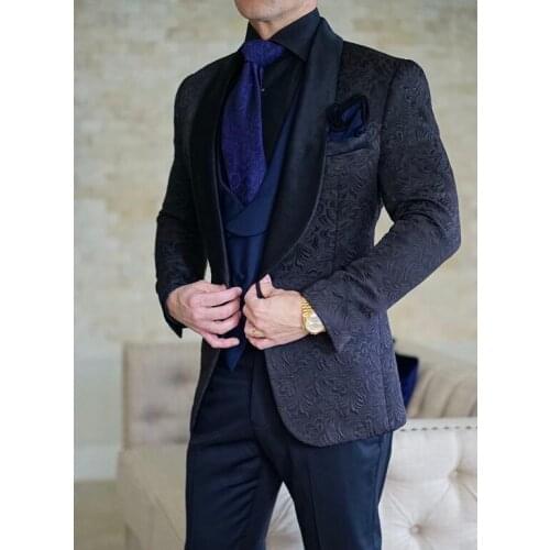 New Style Groomsmen Navy Blue Groom Tuxedos Shawl Black Lapel Men Suits Wedding Best Man ( Jacket+Pants+Bow Tie+Vest ) C657