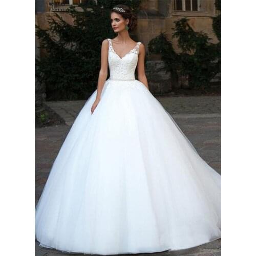 Wedding Dress Ball Gowns 2020 Puff Tulle V Neck Bridal Gown Dress White Floor Length Bride Dresses Lace Up Back Vestido De Noiva