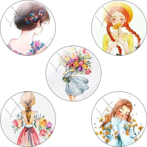 TAFREE Beauty Fresh Cartoon Long Hair Girls Round Drawing Glass Flowers Cabochon Dome 12-25 Cameo Settings Jewelry Making AL698