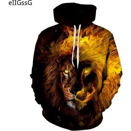 Spring and Autumn Mens Hoodie Hip Hop Sweatshirt Funny 3D Flame Tiger Lion Animal Plus Size S-6XL Fashion Long Sleeve Hoodie