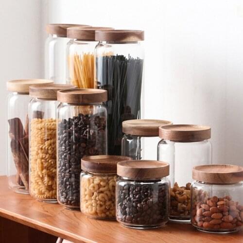Xiangsi wood glass seal can kitchen grain storage tank transparent snack storage jars coffee bean tea can glass container