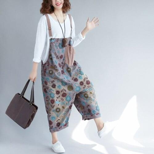Women Denim Wide Leg Jumpsuits Big Size Vintage Rompers Baggy ethnic style Oversized Print Overalls Cute Cowboy Cargo bib pants