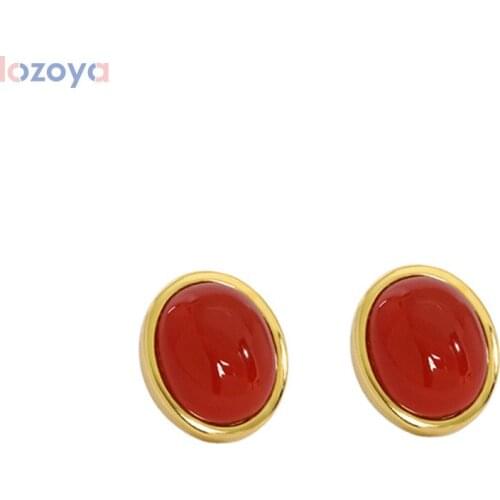 LOZOYA 925 Sterling Silver Big Red Gate Round Stud Earring Clips Large Red Gate Fine Jewelry Women Rock Punk 2021 Wedding Gift