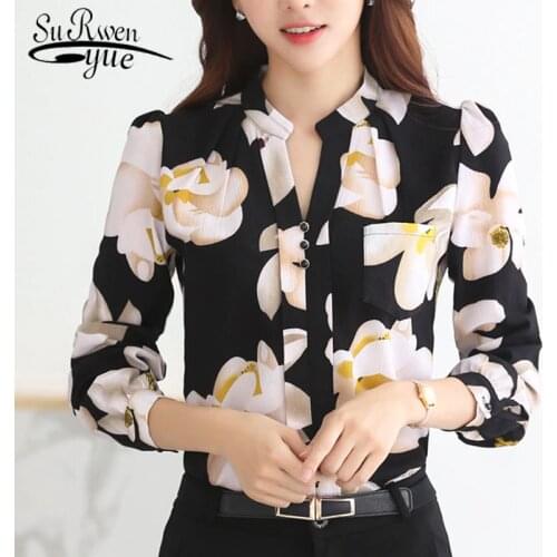 Women Tops and Blouses 2021 Hot Sale Ladies Tops Korean Womens Shirt Long Sleeve Chiffon Slim Female White Black Blouse 882G 25