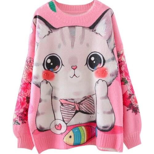 Runway Designer High Quality Cat Print Mink Velvet Sweaters Pullovers Women Autumn Winter Long Sleeve Harajuku Sweet Jumper 2020