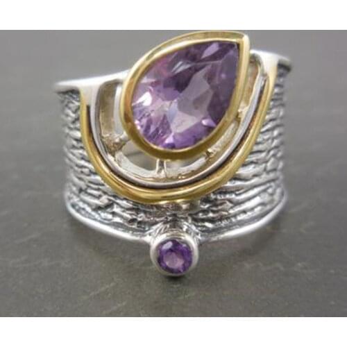 Elegant Purple Water Drop Zircon Ring Vintage Simple Two Tone Metal Lady Jewelry Creative Ethnic Style Hollow Ring for Women