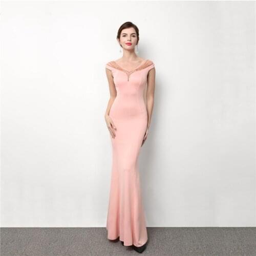 Corzzet Pink Cotton & Mesh Gemstone Beads O Neck Sleeveless Backless Long Mermaid Elegant Party Club Women Dresses
