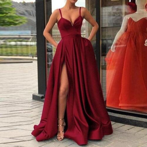 2020 Backless Satin Split Evening Dresses Long Party Gown Spaghetti Straps Vestido De Festa Sweetheart Burgundy Prom Dresses