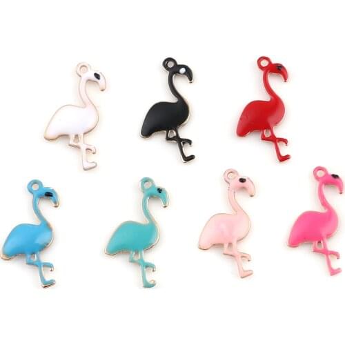 5pcs Double Faced Enamel Flamingo Charms Copper Bird Animal Enamelled Sequins Pendants Gold Color DIY Earring Accessories 14x7mm