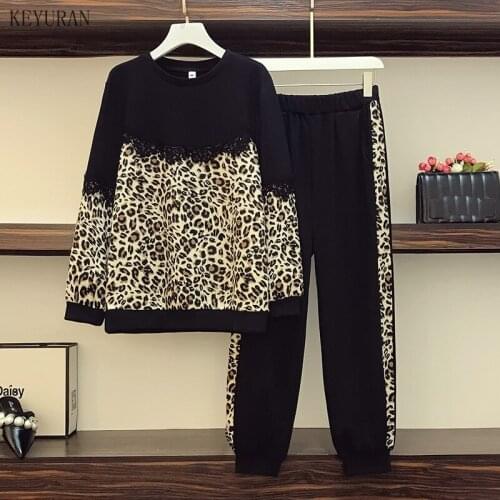5XL Plus Size Tracksuit Women Clothes Winter 2021 Leopard Print Long Sleeve Lace Sweatshirt and Elastic Waist Pants 2 Piece Set