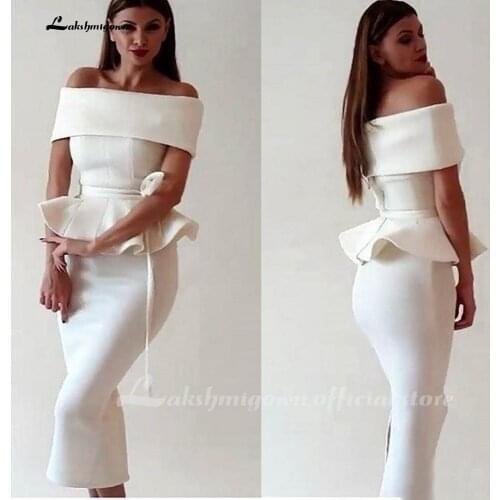 White Tea Length Cocktail Dresses 2020 Peplum Sheath Arabic Bateau Neck Short Party Dress Prom Formal Gowns Mother of the Bride