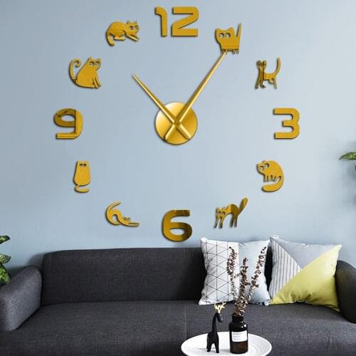 Cute Pussy Cats Wall Art Numbers Stickers DIY Large Wall Clock Frameless Mute Watch Kitty Kitten Meow Pets Cat Lover Home Decor