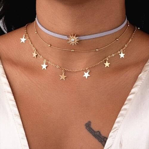 Trend Pentagram Sun Multi Layer Pendant Necklace Womens Flannelette Gold Chain Choker Fashion Party Jewelry Gifts