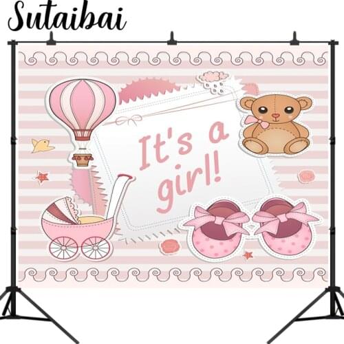 Its A Girl Baby Shower Party Backdrop Pink Bear Bow Hot Air Balloons Banner Gender Reavel Photo Background Poster Decorations