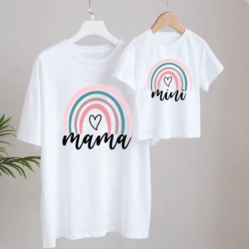 Pink Rainbow Mama And Mini Family Matching Tshirts Summer Short Sleeve Family Look T-shirts Mother And Daughter Fashion Clothes