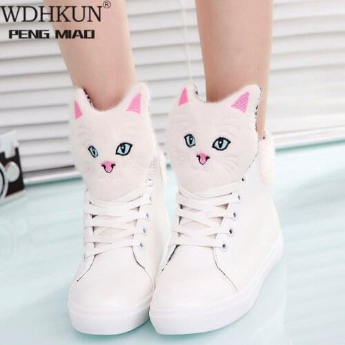 2020 Fashion Women Flat Casual Shoes Woman Autumn Winter High-Top Sneakers Female Cute Cartoon Cat Lace-up Vulcanized Shoes