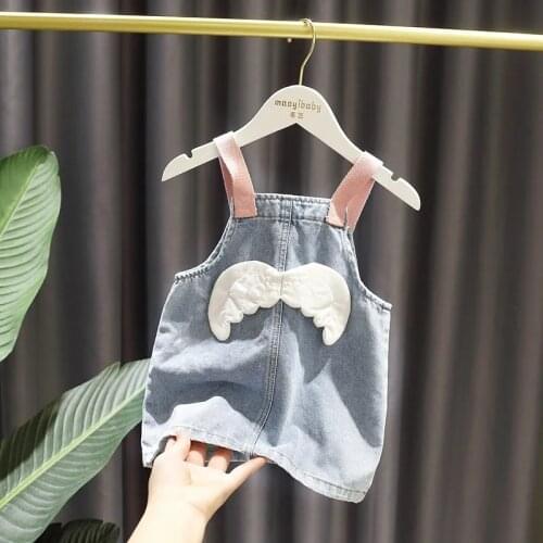 Girls Short-Sleeved Dress Baby Denim Strap Suspender Dress Toddler Clothes Little Girls Wings Princess Dress