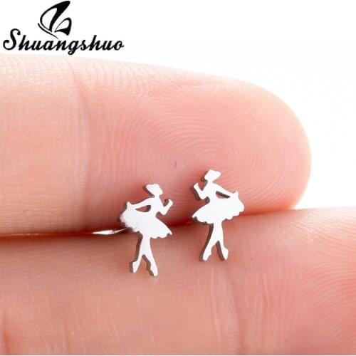 Shuangshuo Cute Tiny Ballet Girls Earrings for Women Kids Jewelry Fashion Stainless Steel Stud Earrings Elegant Fancy Ear Studs