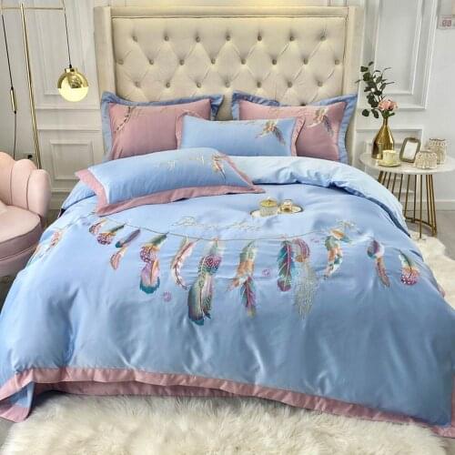 Fashion Dreamcatcher Embroidery Silk Cotton Bedlinens Colorful Feather Bedding Set Sheet Pillowcase Quilt Cover Drop Ship