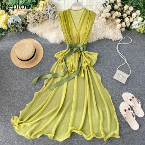 Neploe Ins V Neck Irregular Chiffon Dress Fashion Sexy Perspective Sleeveless Vestido Candy Color High Waist Hip Sashes Ropa