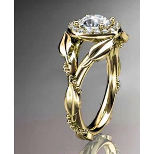 New Wedding Crystal Gold Color Rings Vine Leaf Design Engagement Cubic Zircon Ring Fashion Bijoux For Women Ladies Jewelry Gifts