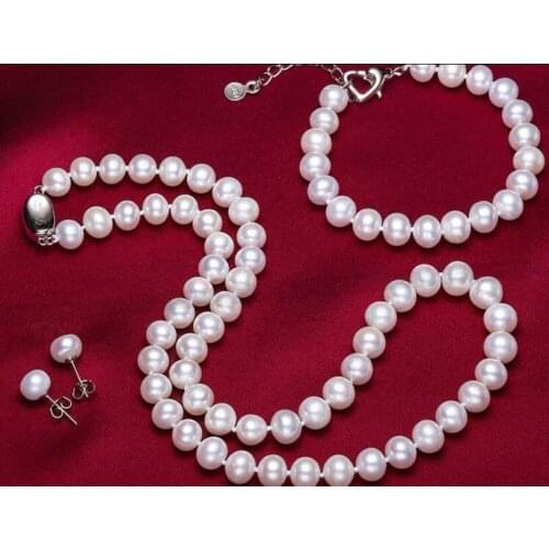 Charming 8-9mm white pearl necklace 18" bracelet 8"earring