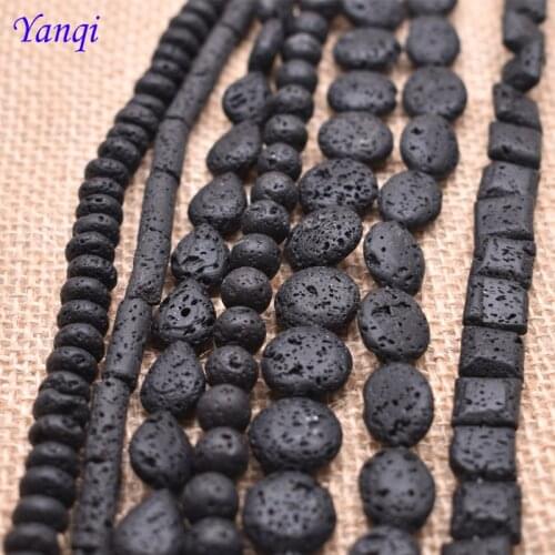 Square Black Lava Beads Natural Stone Oval Teardrop Round Cylinder Shape Volcanic Rock Loose Beads Jewelry Making DIY Handmade