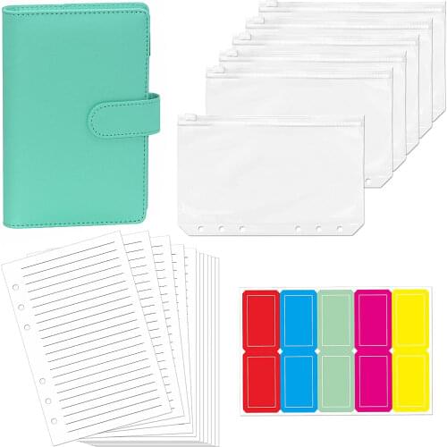 A6 PU Leather Budget Binder Notebook Planner Organizer with 40 Pages Loose-Leaf Filler Paper, 6 Zipper Bags,10 Category Stickers