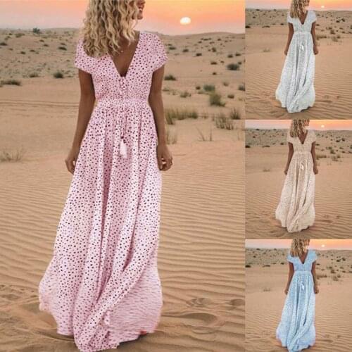 Women Summer Dress Ladies V Neck Boho Long Dresses Female Fashion High Waist Dot Print Robe Elegant Maxi Dress Womens Clothing