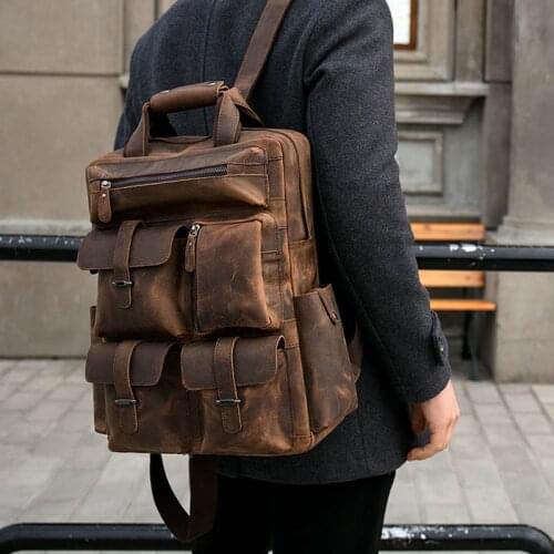 Mens Backpack Genuine Leather 15.6 inch Laptop Bag Shoulder Bag Large Capacity Male Travel Backpack Daypack School Bagpack