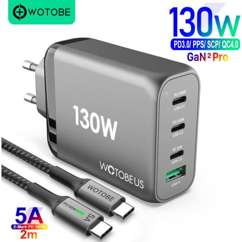 130W GaN USB-C Power Adapter, USB C PD100W PPS 45W for Laptops MacBook iPad iPhone Samsung,USB A QC3.0/SCP for HUAWEI XIAOMI