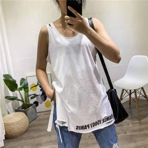 2021 New Arrival Summer Korean Style Women Loose Sleeveless O-neck Tank Tops Casual Hole Design Print Cotton Tank Top W41