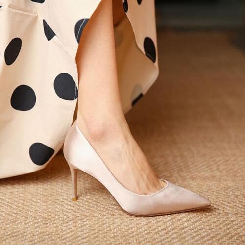 2021 Fashion New Thin High Heels Shiny Satin Pointed Toe Shallow Mouth Plus Size Wedding Shoes for Women
