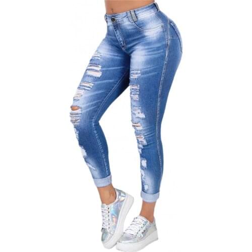 Women Ripped High Waist Trousers Skinny Denim Jeans Hollow Bleached Long Pants