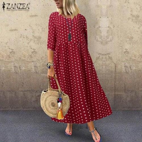 Womens Autumn Sundress ZANZEA 2021 Elegant Printed Maxi Dress Fashion Polka Dot Tunic Vestidos Female 3/4 Sleeve Robe Femme