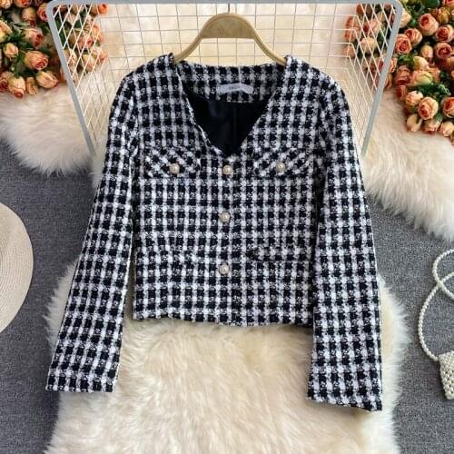 Small Fragrance V-Neck Woven Long Sleeve Tweed Jacket Autumn And Winter New Single-Breasted Straight Women Plaid Outerwear