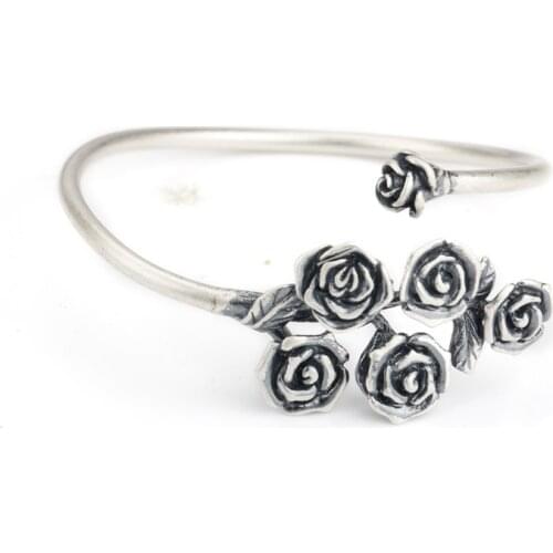 925 Sterling Silver Vintage Cuff Bangle Rose Flower Design Silver Wrist Bangle for Women Special Fashion Jewelry Gift