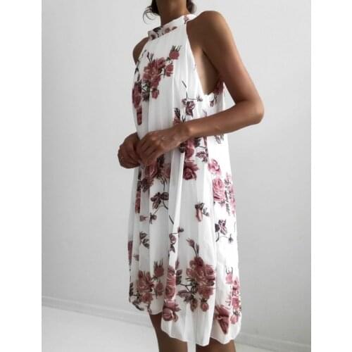 Floral Print Summer Dress Womens Casual Metal Halter Sleeveless Dress Beach Party Sundress