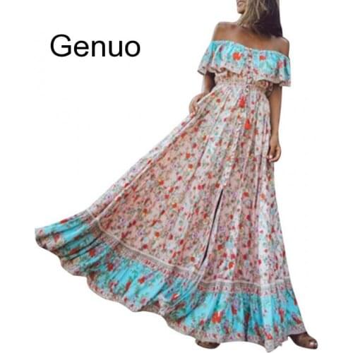 Princess Dress Women Bohemian Printed High Waist Vintgae Floral Printing Ruffles Sleeveless Long Sundress Holiday Modis Robe
