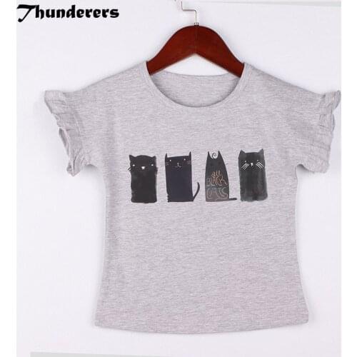 2018 new childrens clothing boys and girls T-shirt four small black cat pattern gray T-shirt childrens wear cute kids clothes