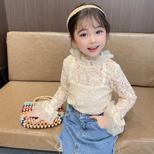 2021 Baby Girls kids Cutout Cotton white soild lace full Shirts Cute Children kids Blouse Clothes