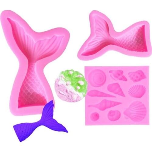 3PCS Mermaid Tail Silicone Cake Mold Marine Series Cake Liquid Silicone Fondant Mold Shell Conch Western Cake Decoration Tools