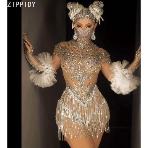 Sparkly Silver Rhinestone Sequin Fringe Short Dress Gloves Birthday Celebrate Prom Outfit Women Dancer Club Singer Dress