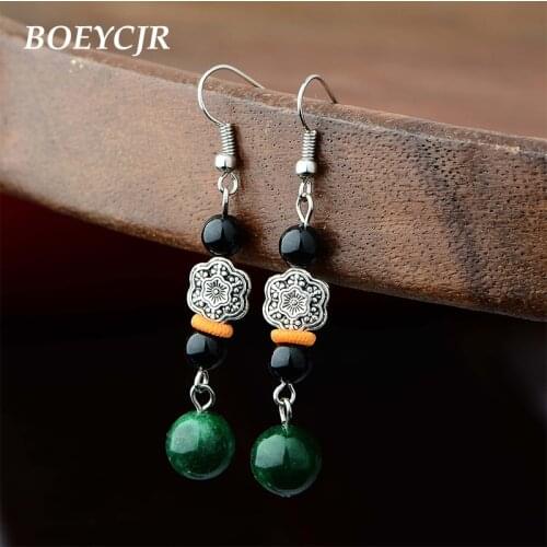 BOEYCJR Ethnic Vintage Natural Green Stone Bead Flower Bead Dangle Earrings Fashion Jewelry Drop Earrings For Women Gift