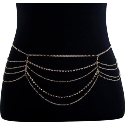 Womens Sexy Fashion Rhinestones Multilayer Tassel Gold Body Belly Waist Chain Bikini Beach Necklace Harness Body Jewelry