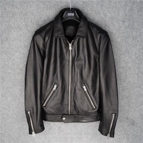 Limited sale Black Genuine Leather Jacket Men Sheepskin Fur Coat Real Leather Biker Mens Leather Jackets | 203202050350