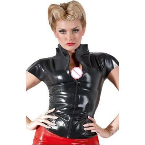 Handmade Black Women Latex High Neck Short Sleeves Shirt Rubber Top Tight Customize Front Zipper